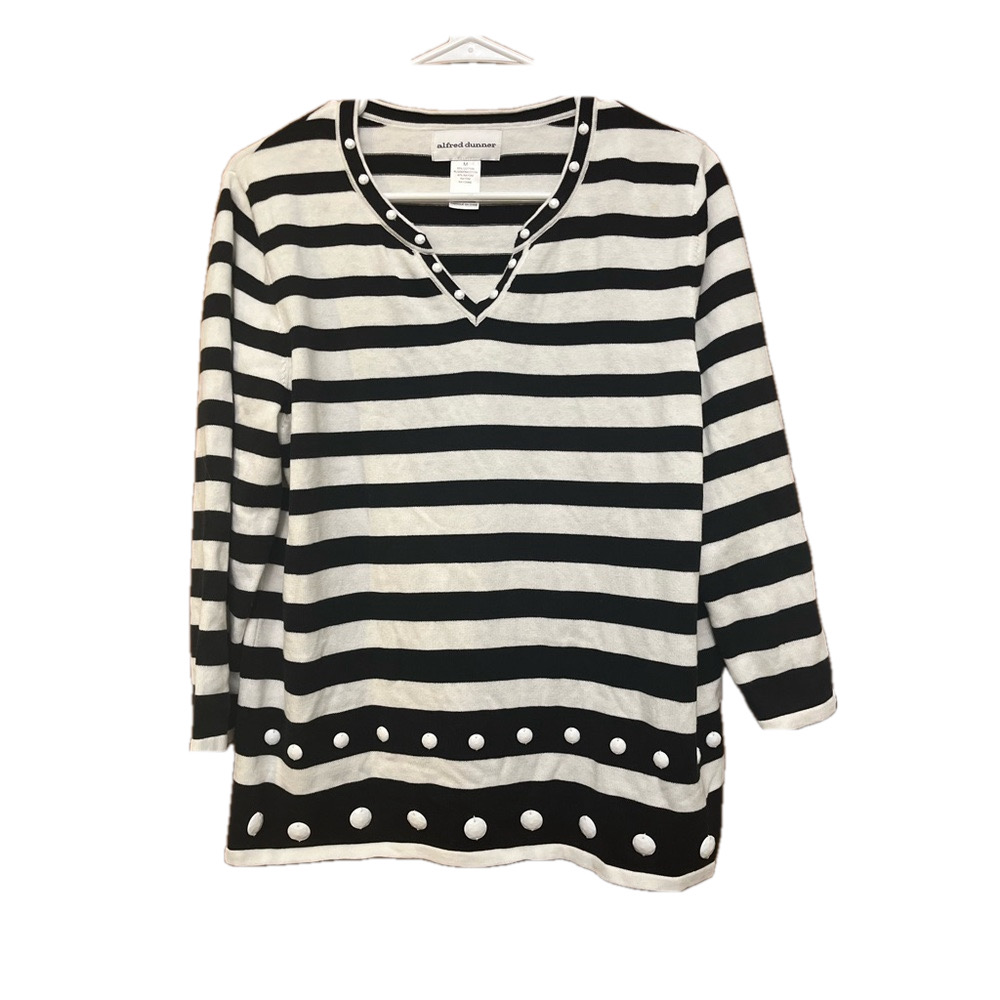 Alfred Dunner Women’s Black and White Striped Shirt. Office work Size M
00